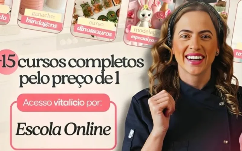 Foto colorida e profissional da confeiteira Daniane Fernandes sorrindo ao lado de um bolo artístico decorado de dois andares, com o selo oficial do curso e menção ao acesso vitalício, fundo em tons pastéis suaves.