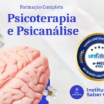 Logotipo oficial do curso Formação Completa em Psicoterapia e Psicanálise com selo de dupla certificação de 1628 horas e menção à parceria com a faculdade Unifatec, com fundo azul escuro profissional.