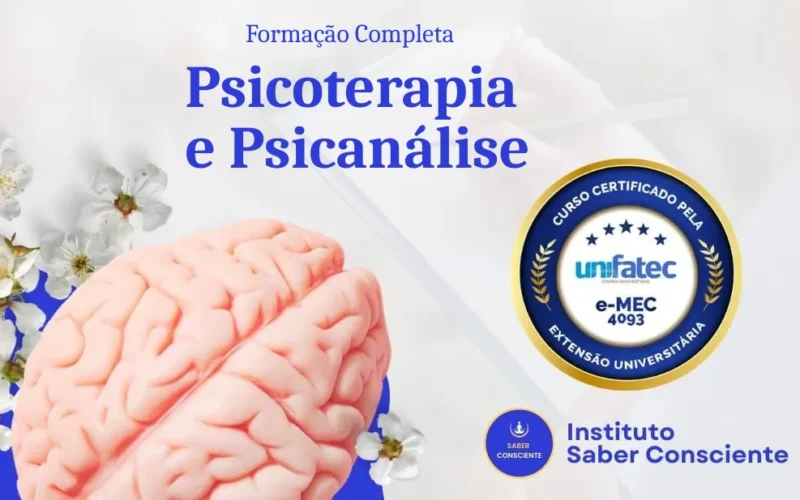 Logotipo oficial do curso Formação Completa em Psicoterapia e Psicanálise com selo de dupla certificação de 1628 horas e menção à parceria com a faculdade Unifatec, com fundo azul escuro profissional.
